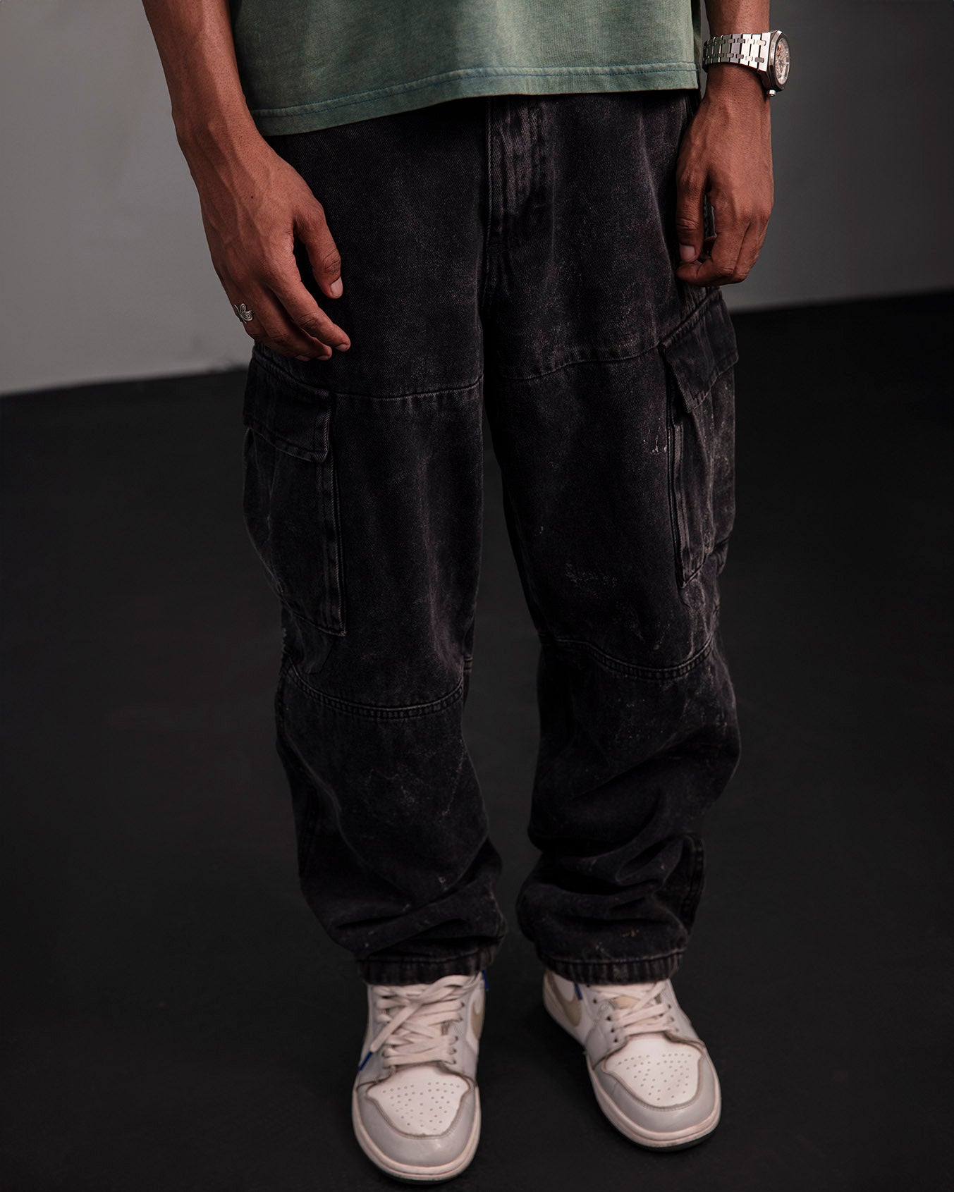 Washed Black Denim Cargo Pants