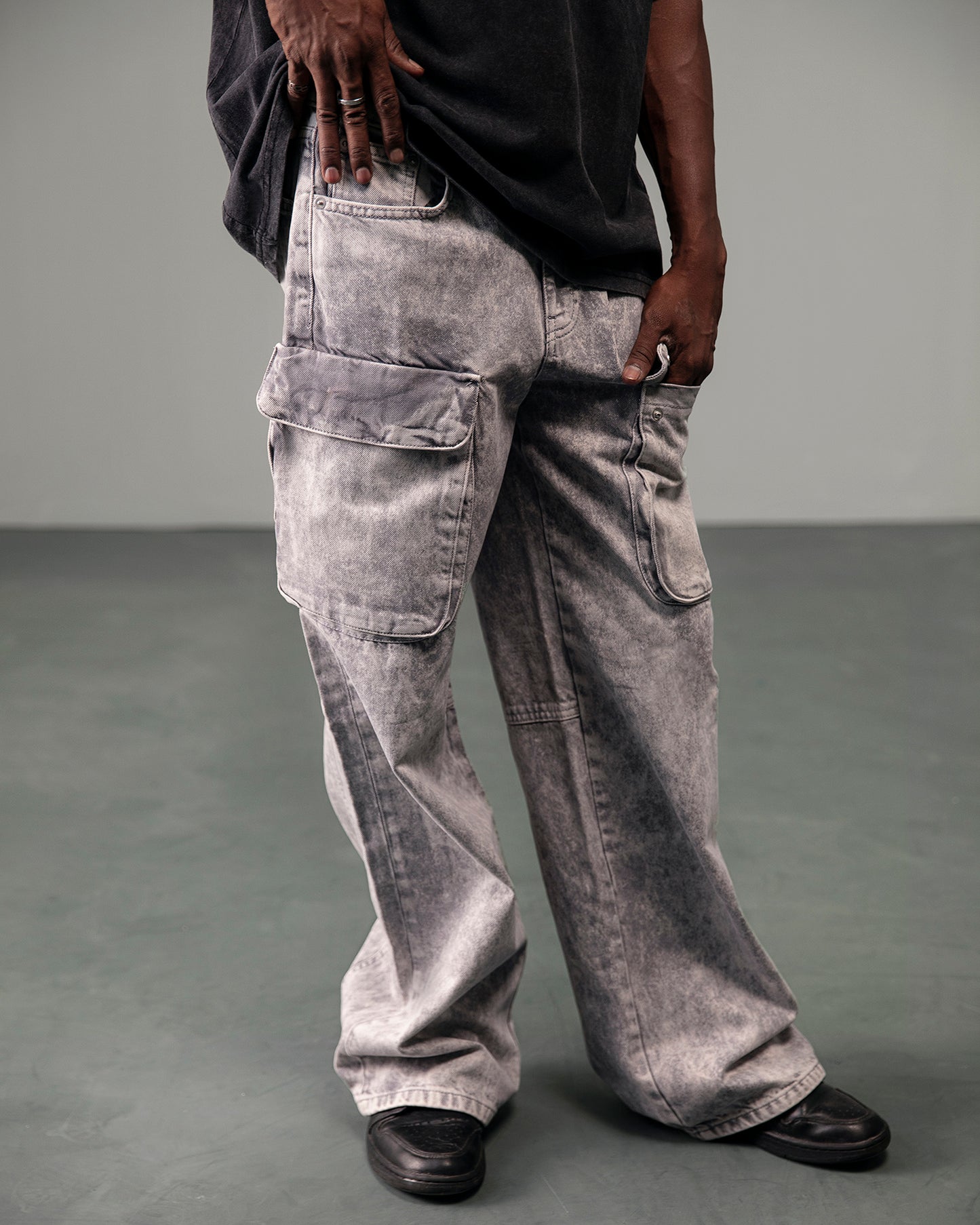 Washed Grey Denim Cargo Pants