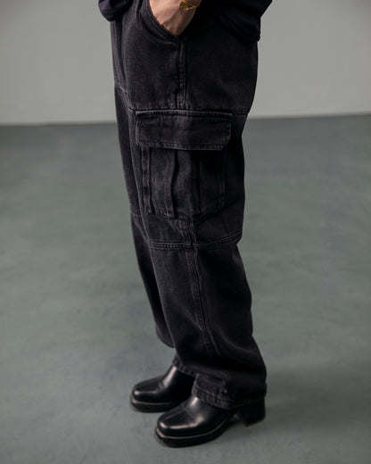 Washed Black Denim Cargo Pants