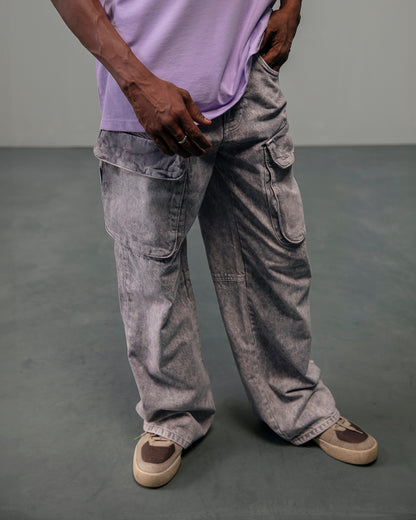 Washed Grey Denim Cargo Pants