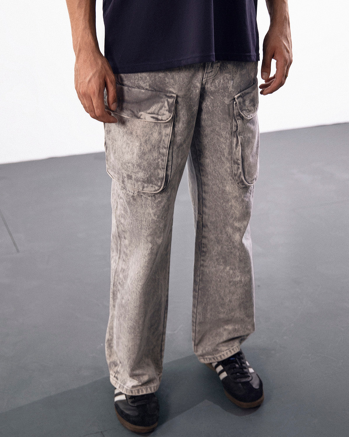 Washed Grey Denim Cargo Pants